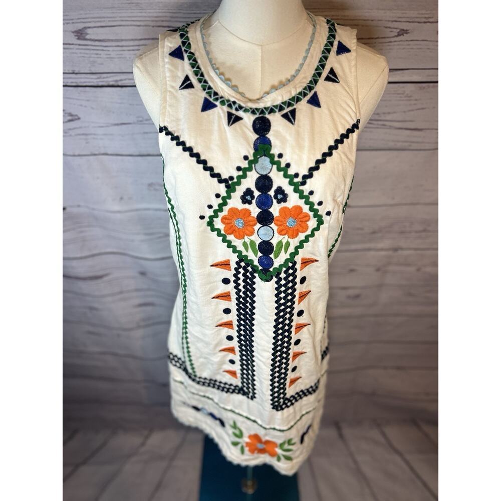 Anthropologie Linen Shift Dress Size 4 Embroidered Geometric Floral Sleeveless - Picture 2 of 6